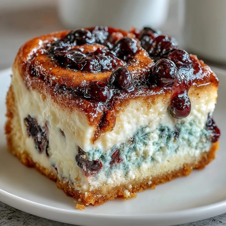 Creamy cheesecake bars studded with juicy blueberries and cinnamon spice.