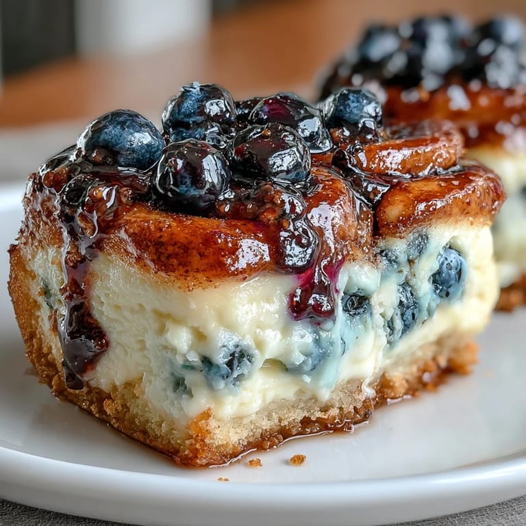 Gooey Blueberry Cinnamon Roll Cheesecake Bars, a perfect dessert treat.