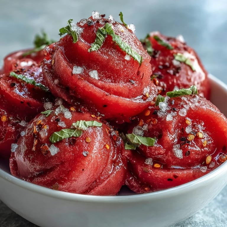 Refreshing watermelon sorbet with a spicy Tajín kick, perfectly chilled for summer.