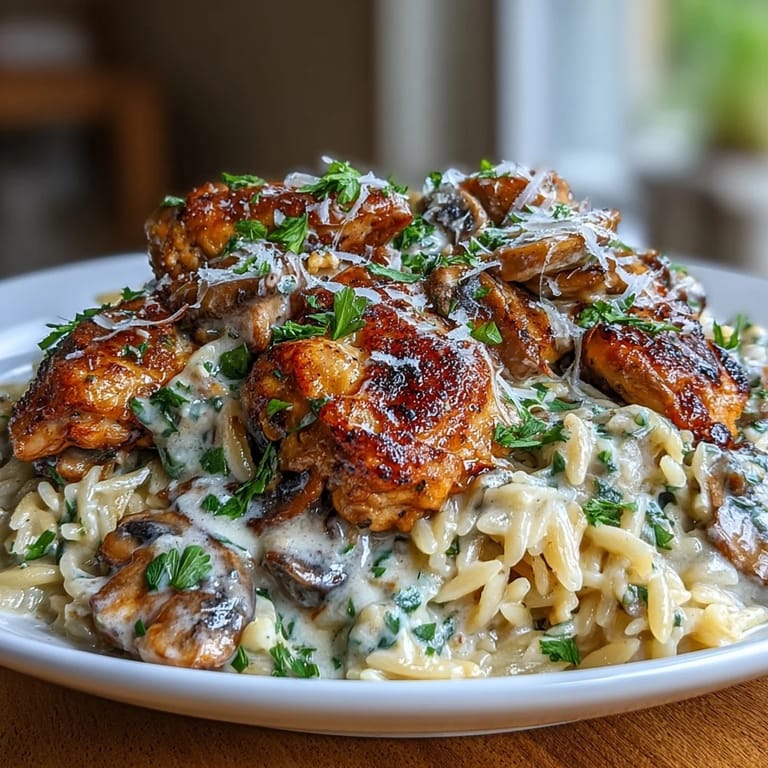 One-pan creamy garlic mushroom chicken orzo, a comforting and flavorful meal.