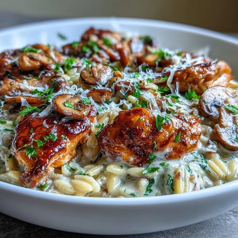 Delicious chicken orzo recipe, rich with mushrooms, garlic, and creamy sauce.