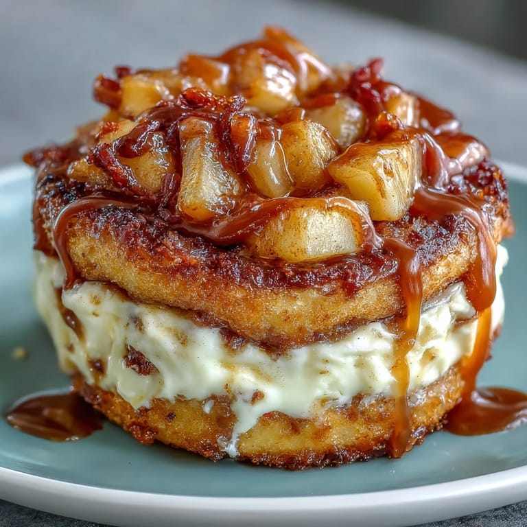 Close-up of delicious Cinnamon Roll Apple Cheesecake Tacos drizzled with icing.