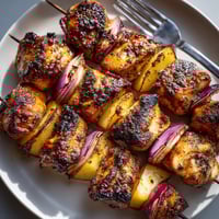 Maple Apple Chicken Skewers sizzling on a grill, glazed with sweet maple-cider sauce.
