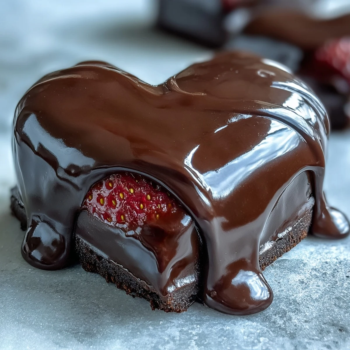 A romantic Valentine's Day chocolate heart filled with juicy strawberries, perfect for gifting and breaking open to reveal the sweet surprise inside.