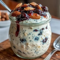 Creamy overnight oats with chia seeds and blueberries in glass jars, ready for easy meal prep breakfasts.