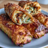 Golden-brown air fryer vegetable egg rolls with a crispy exterior and vibrant filling, served with a tangy soy ginger glaze for dipping.