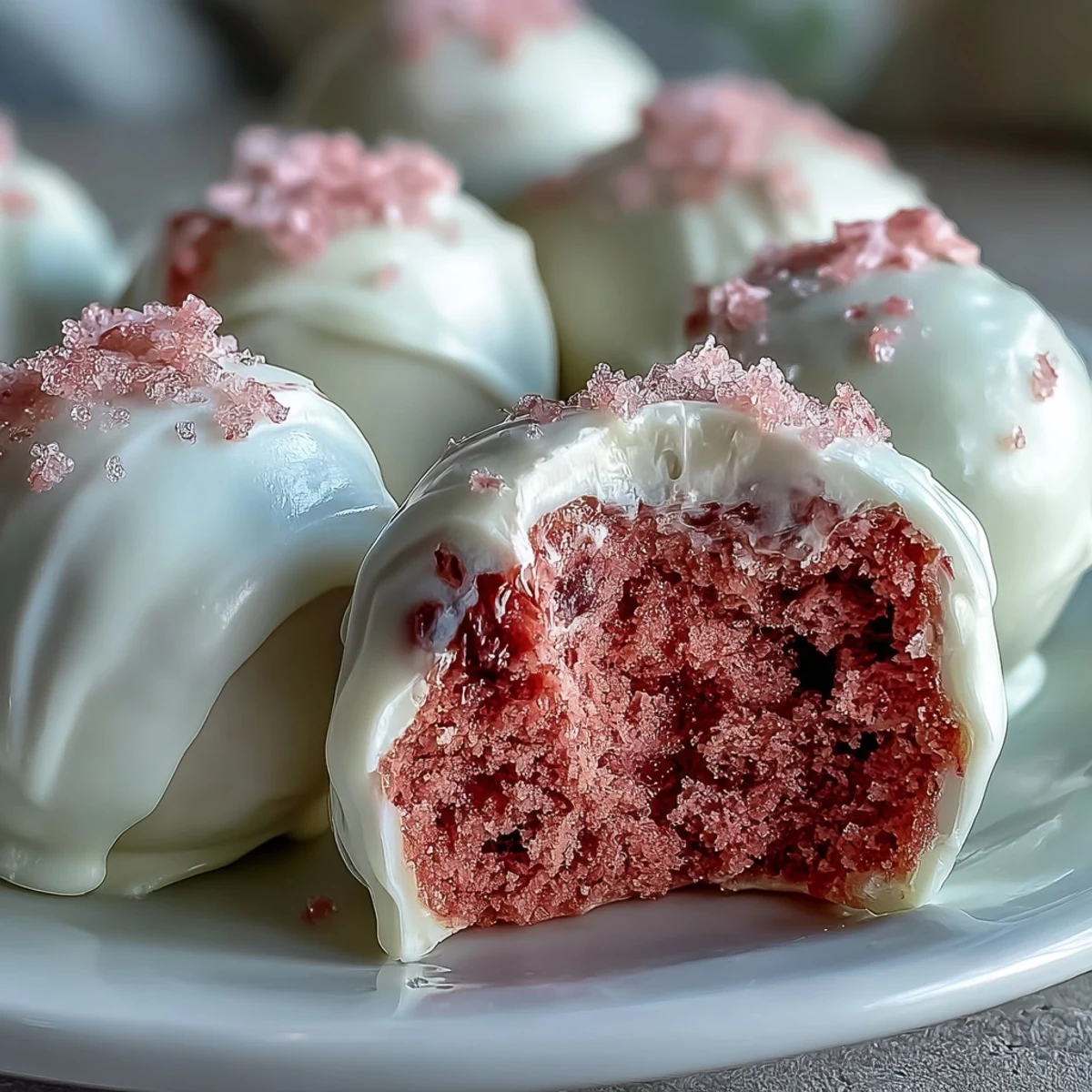 Delightful pink velvet cake pops coated in creamy white chocolate, perfect for sharing at your Galentines celebration.  