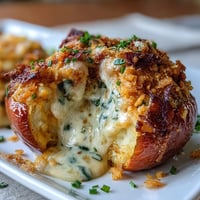 Funeral potatoes stuffed bell peppers in a baking dish with golden cornflake topping.  