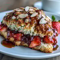 Golden brown butter scones with juicy strawberries and crunchy almond slices, perfect for a cozy morning treat.