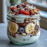 Fluffy Yogurt Banana Split Breakfast Jar with fresh berries and granola, layered in a glass jar for a colorful and healthy morning treat.  