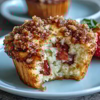 Fluffy strawberry muffins with golden crumble topping, fresh berries baked into every bite.