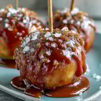 Crisp caramel-dipped apples with flaky sea salt, a perfect fall treat for Halloween parties or autumn gatherings.