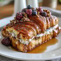 Buttery croissant French toast casserole with mixed berries baked to golden perfection.