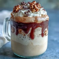 Creamy Vanilla Bean Frappuccino overnight oats jar layered with coffee and topped with whipped cream and chocolate chips.