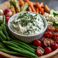 Spring food board with radishes, peas, and herb dip, arranged on a rustic platter with fresh vegetables and creamy dip.  
