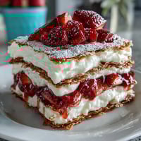 A towering strawberry crepe cake with layers of tender crepes, vanilla cream, and fresh strawberries, dusted with powdered sugar.  
