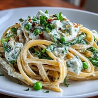 Creamy ricotta and lemon linguine with peas, tossed in a bright citrus sauce and sprinkled with Parmesan.  