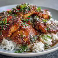Honey Garlic Chicken with Rice in a slow cooker, tender thighs in sweet and savory sauce over fluffy rice.