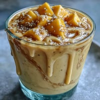 Creamy mango coconut chia smoothie in a glass with a straw, garnished with fresh mango slices and coconut flakes.