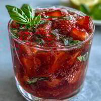 Refreshing strawberry basil mocktail with vibrant red berries and fresh green basil, perfect for summer sipping.