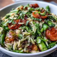 Vibrant spring orzo primavera with fresh asparagus, zucchini, and cherry tomatoes in a light parmesan sauce.