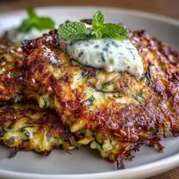 Crispy zucchini fritters with feta cheese, golden and savory, served alongside a cool yogurt mint dipping sauce for a refreshing appetizer.