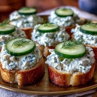 Elegant Derby Day Benedictine Cucumber Canapés with creamy spread and fresh dill on crisp baguette slices.  