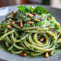 Creamy avocado pesto pasta with fresh basil and pine nuts, served in a rustic bowl with lemon zest and Parmesan.