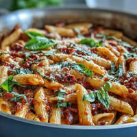 Close-up of creamy One-Pot Creamy Tomato Basil Pasta with fresh basil garnish.