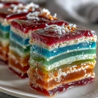 Vibrant agar-agar rainbow jelly cake with creamy coconut, perfect for summer.