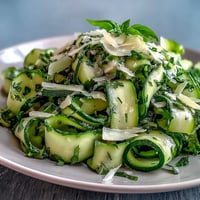 Shaved Zucchini Ribbon Salad with Lemon Parmesan, artfully tossed ribbons, vibrant and fresh.