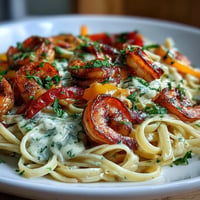 A vibrant bowl of creamy Cajun shrimp pasta with vibrant bell peppers.