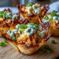 Buffalo ranch chicken snack cups with melted cheese and crunchy celery garnish.