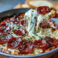 Bubbling Hot Honey Pepperoni Pizza Dip appetizer with melted cheese and spicy pepperoni.