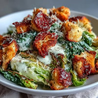 Roasted cabbage wedges tossed in creamy Caesar dressing and topped with croutons.