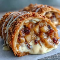 Crispy Cinnamon Roll Apple Cheesecake Tacos piled high with warm spiced apples.