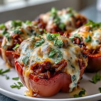 Colorful bell pepper taco rice cups topped with melted cheese.